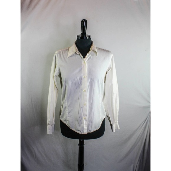 Barbour Top Button Down White Floral Trim 100% Cotton Size 10 - Picture 1 of 6